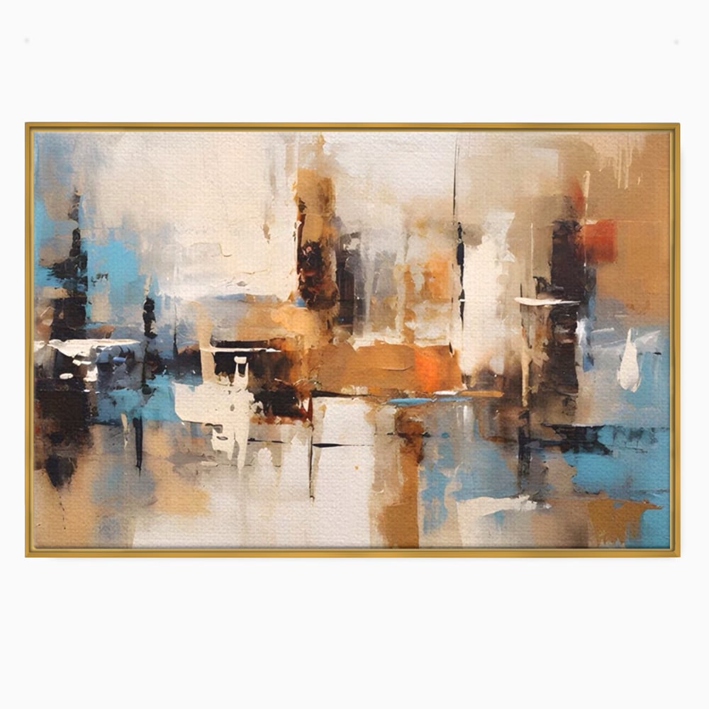 Tablou canvas cu pictura abstracta cu linii verticale, in rama de aluminiu auriu